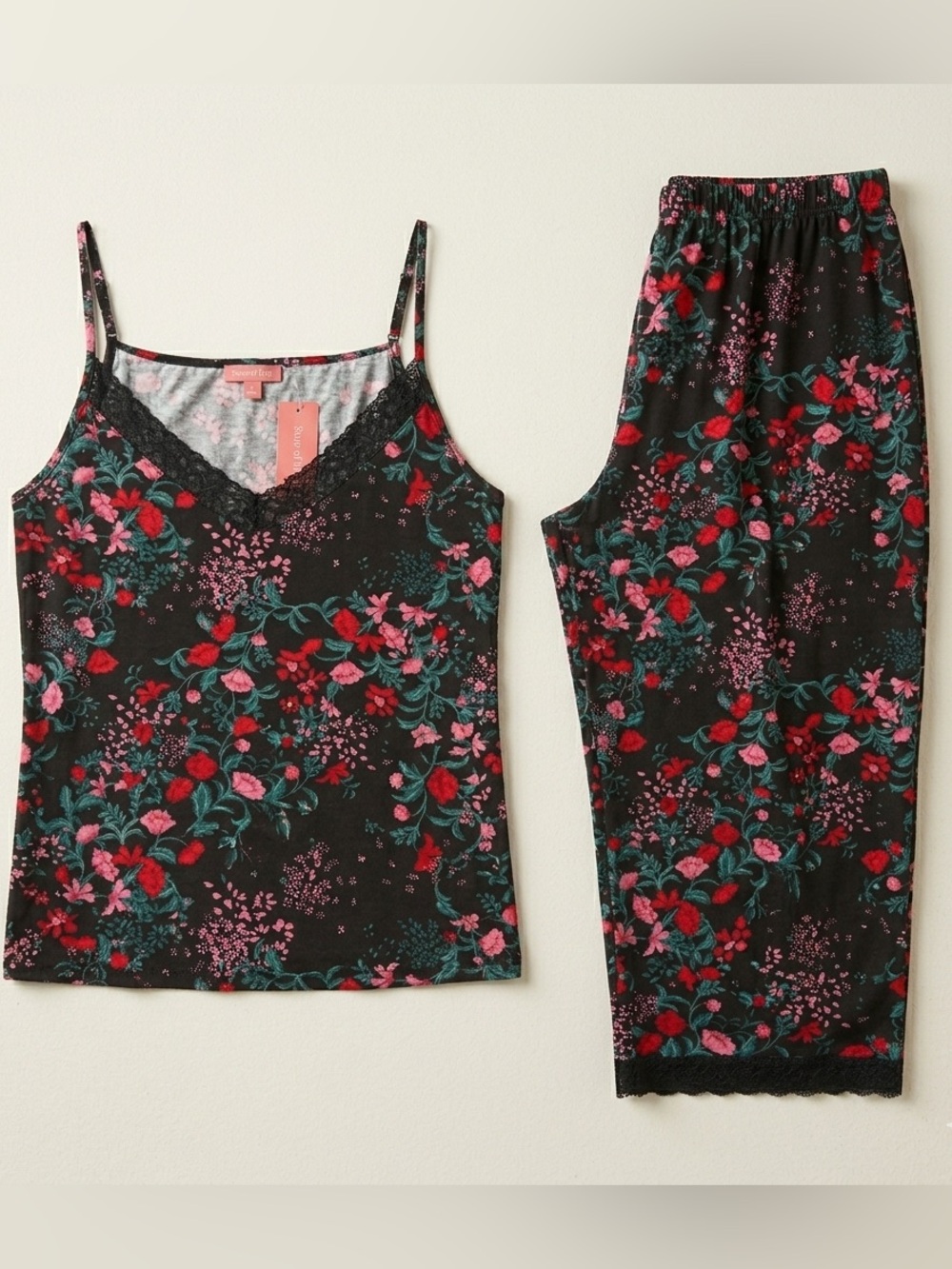 State of Day Women’s Ultra Soft Pajama Set Black Lace Trim Camisole & Pants - Picture 2 of 2